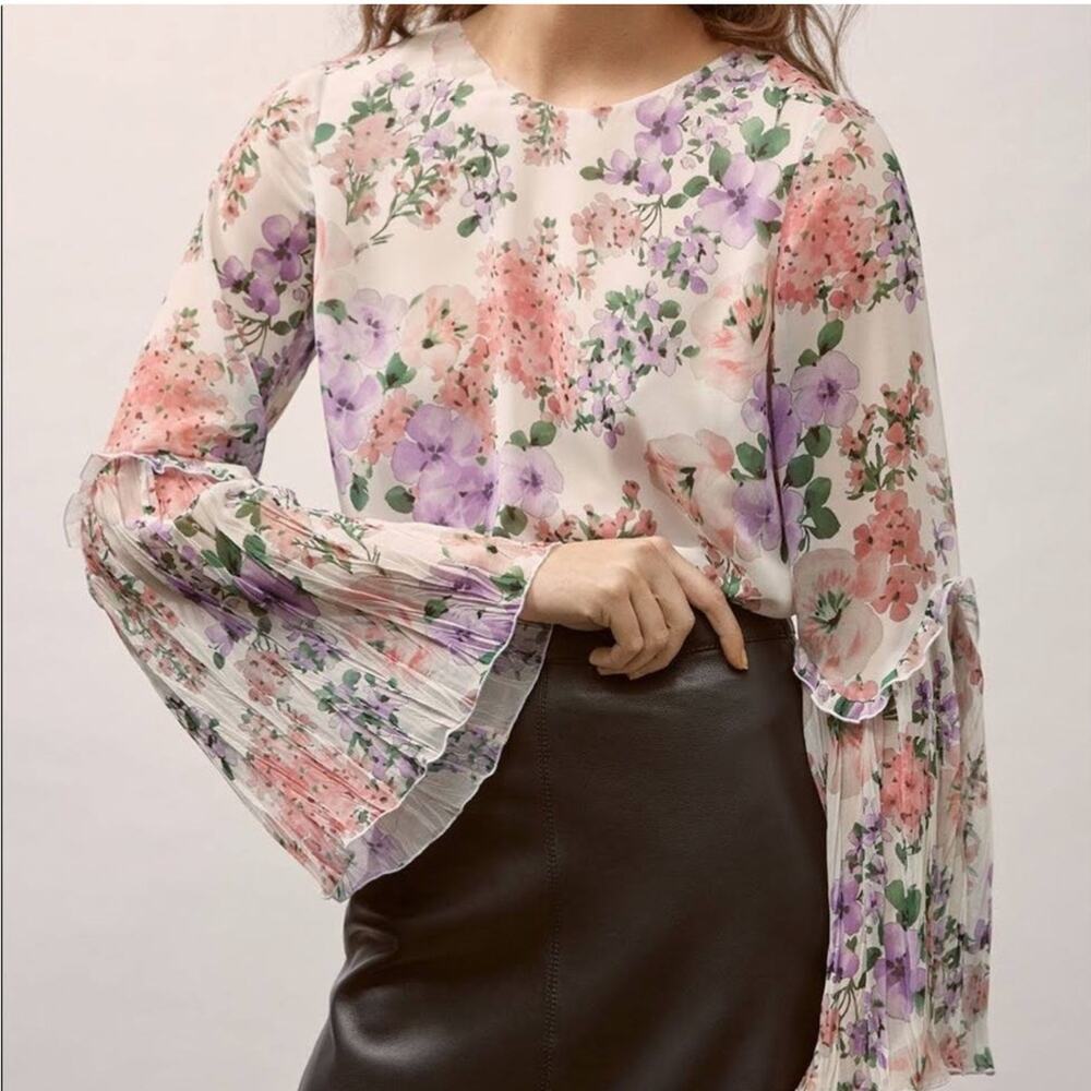 Massimo Dutti Floral Pleated Bell Sleeve Blouse